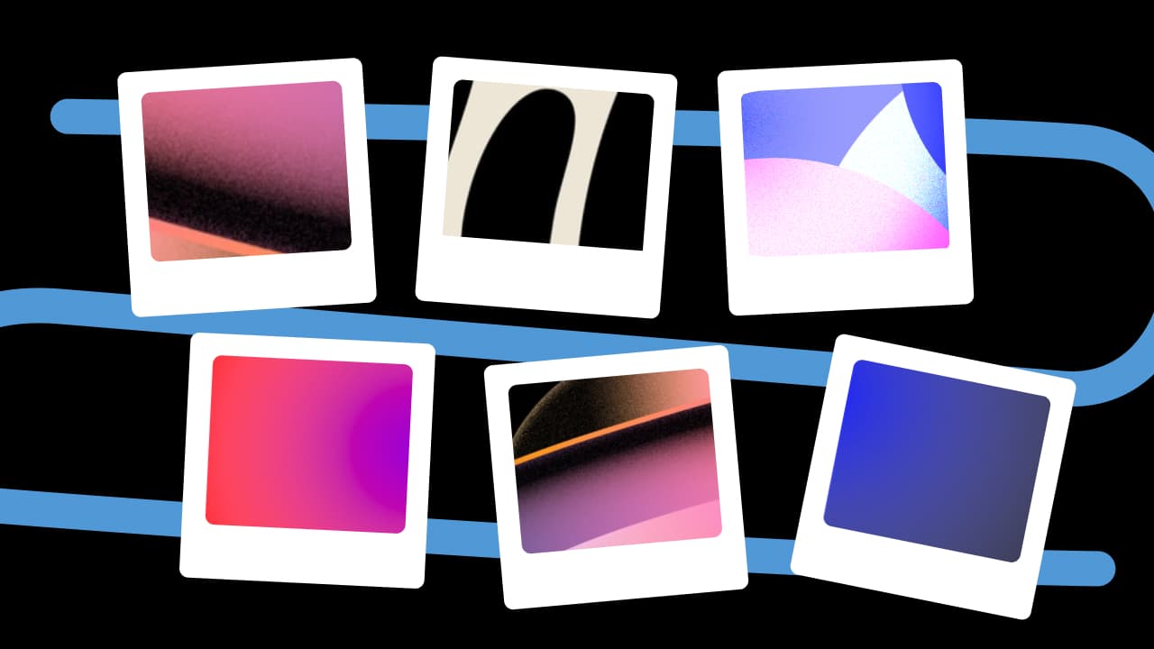 Six polaroid-style photo frames with colourful gradient images, strung along blue lines on a black background