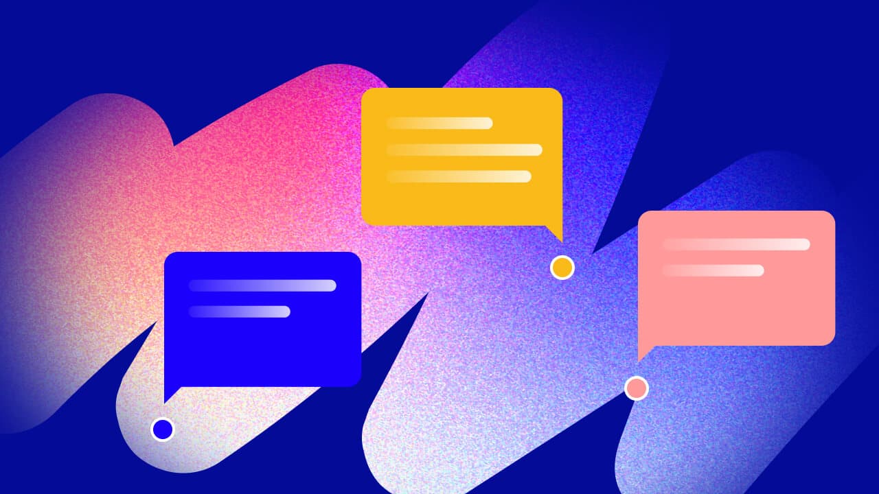 Three speech bubbles of different colors and shapes floating on a colorful background.