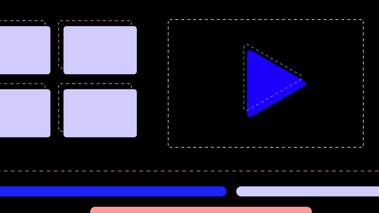 Abstract video editor interface on a black background, with a blue play triangle and dashed selection outlines