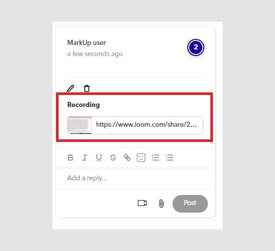 A Loom that has been uploaded to a MarkUp user's comment.