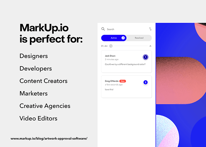 MarkUp.io is great artwork approval software for designers, developers, content creators, marketers, creative agencies and video editors.