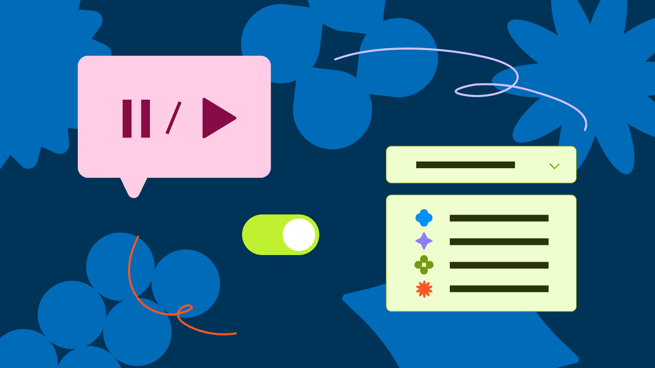 Illustration of a pink speech bubble containing pause and play icons, a green toggle switch in the on position, and UI panels.