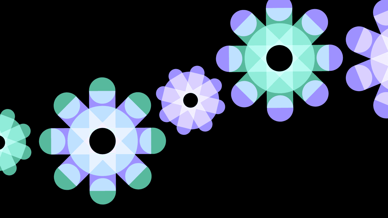 Interlocking green and purple cogs on a black background