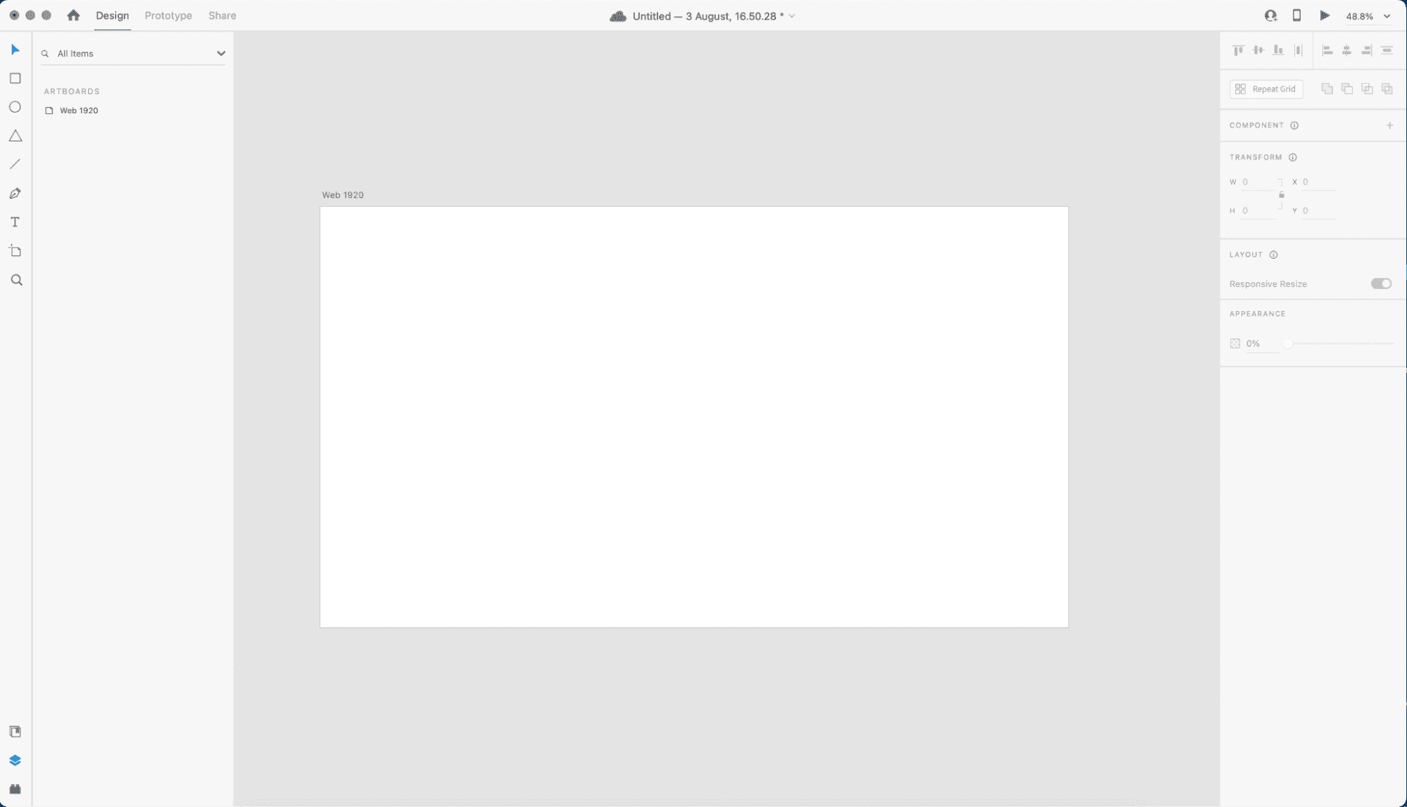 An empty Adobe XD artboard named Web 1920 with the tools sidebar on the left and the Design panel on the right