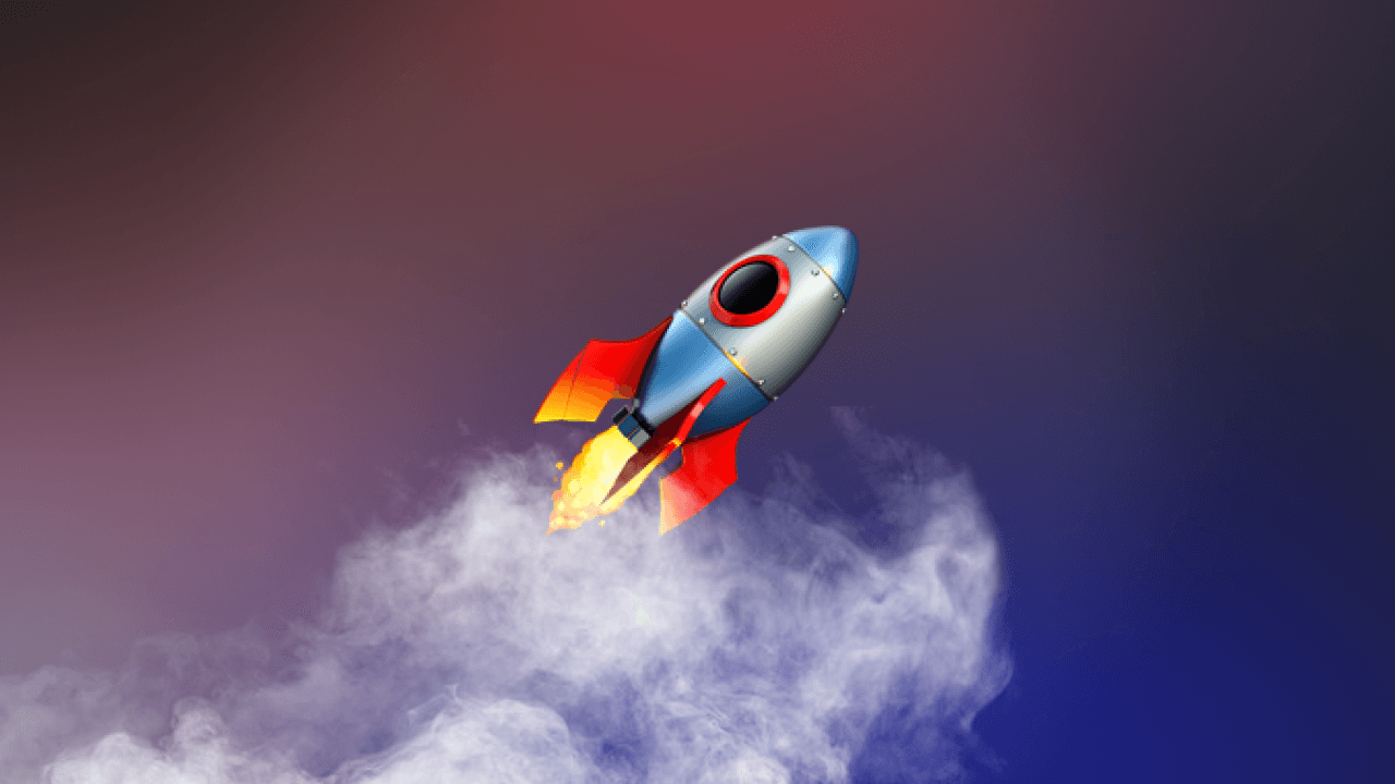 A cartoon rocket launching through clouds of smoke against a purple and blue sky