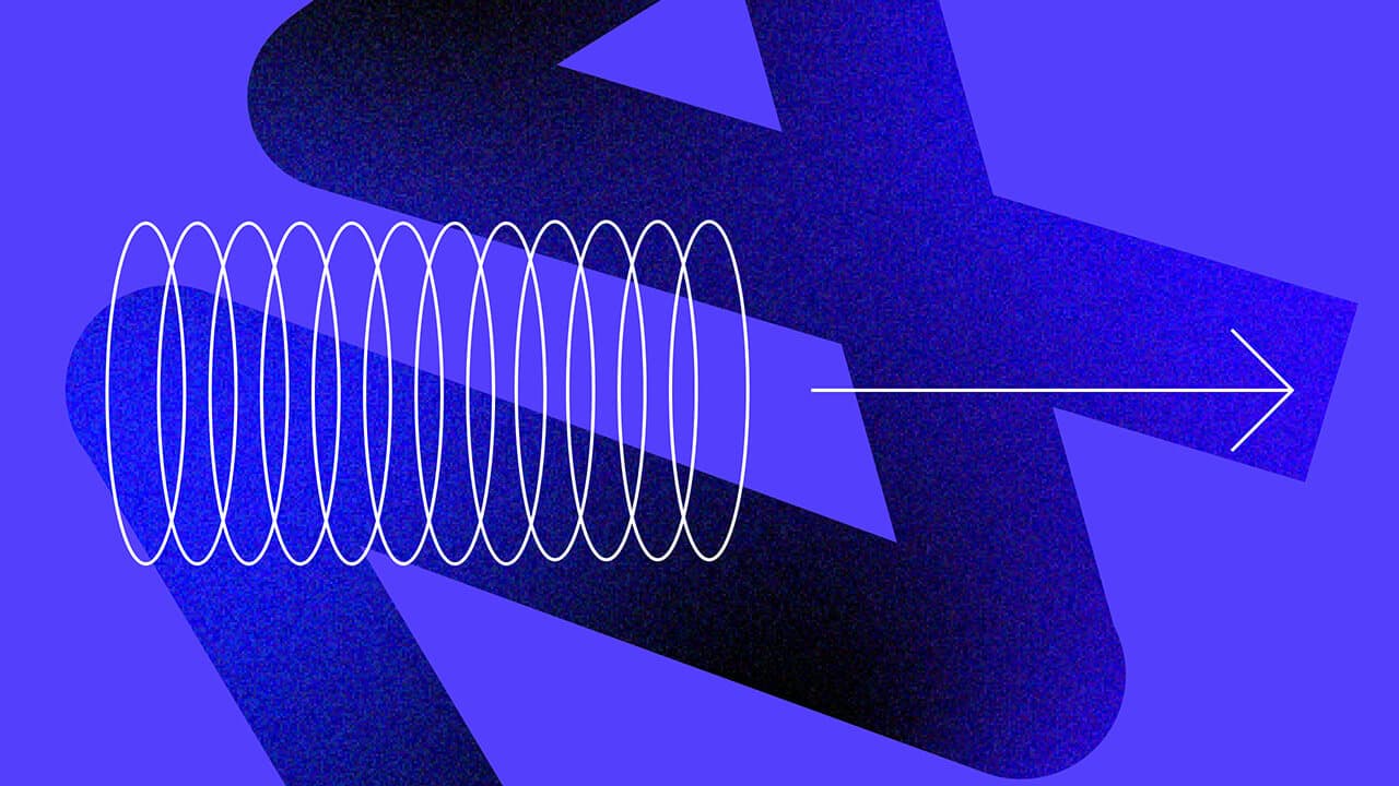 Abstract blue graphic of a coiled spring unwinding into a straight arrow, over a large stylised letter form